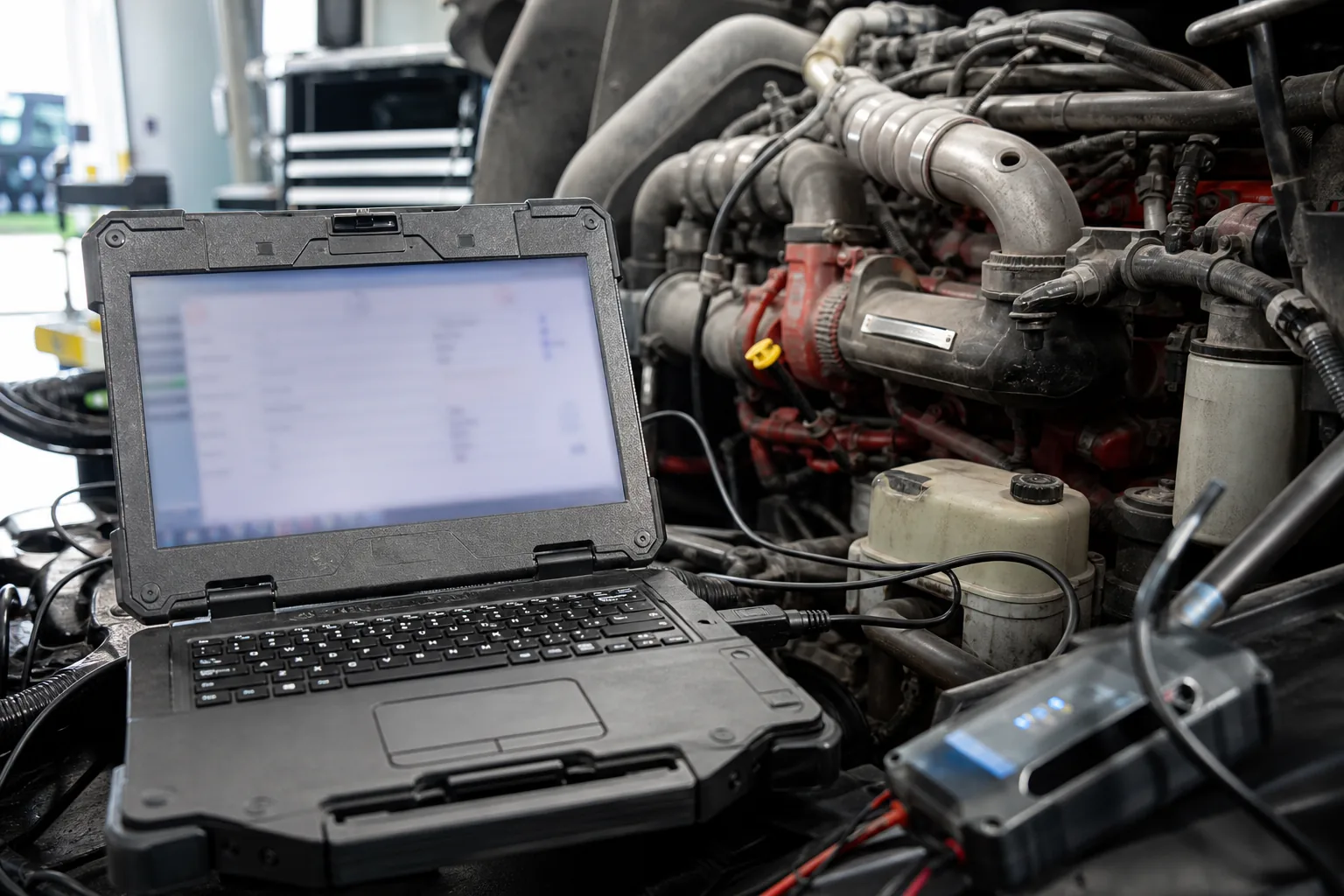 Laptop connected to a diesel engine