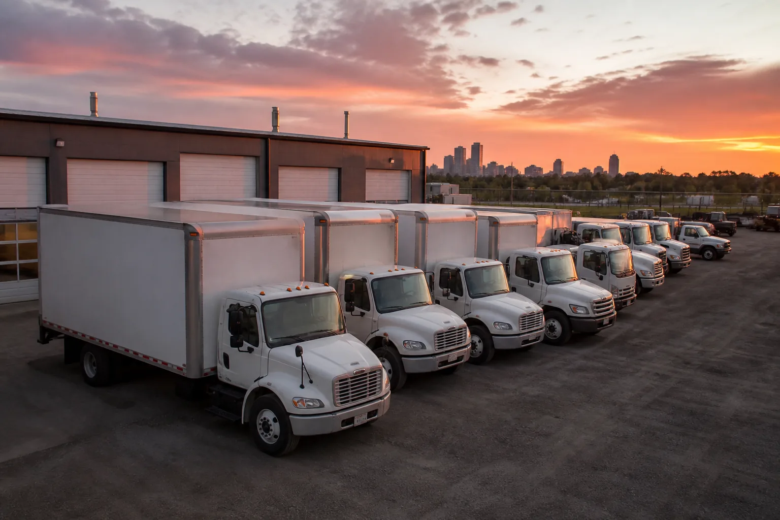 Row of commercial trucks in a yard