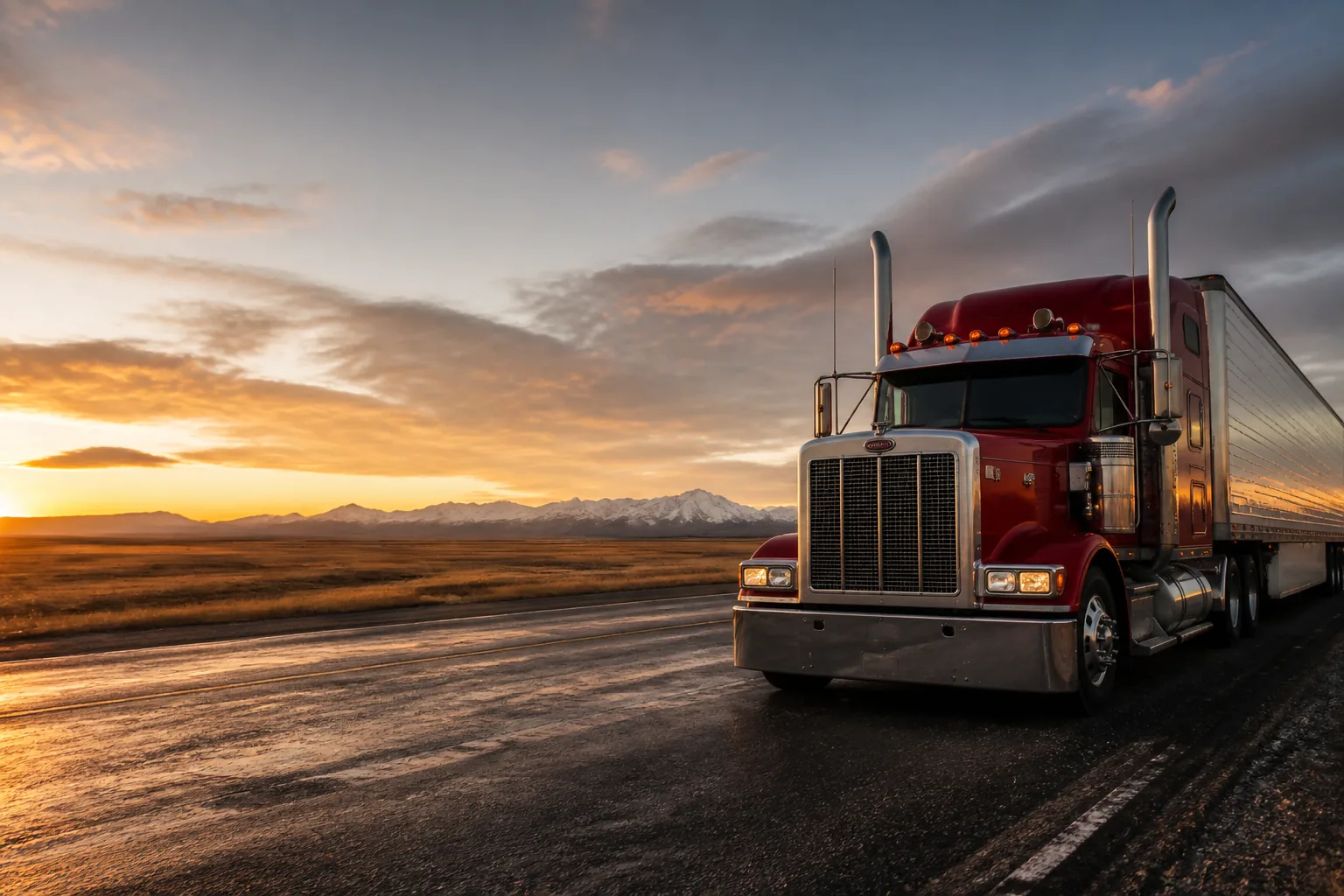 Semi-truck on an Alberta prairie highway at sunset