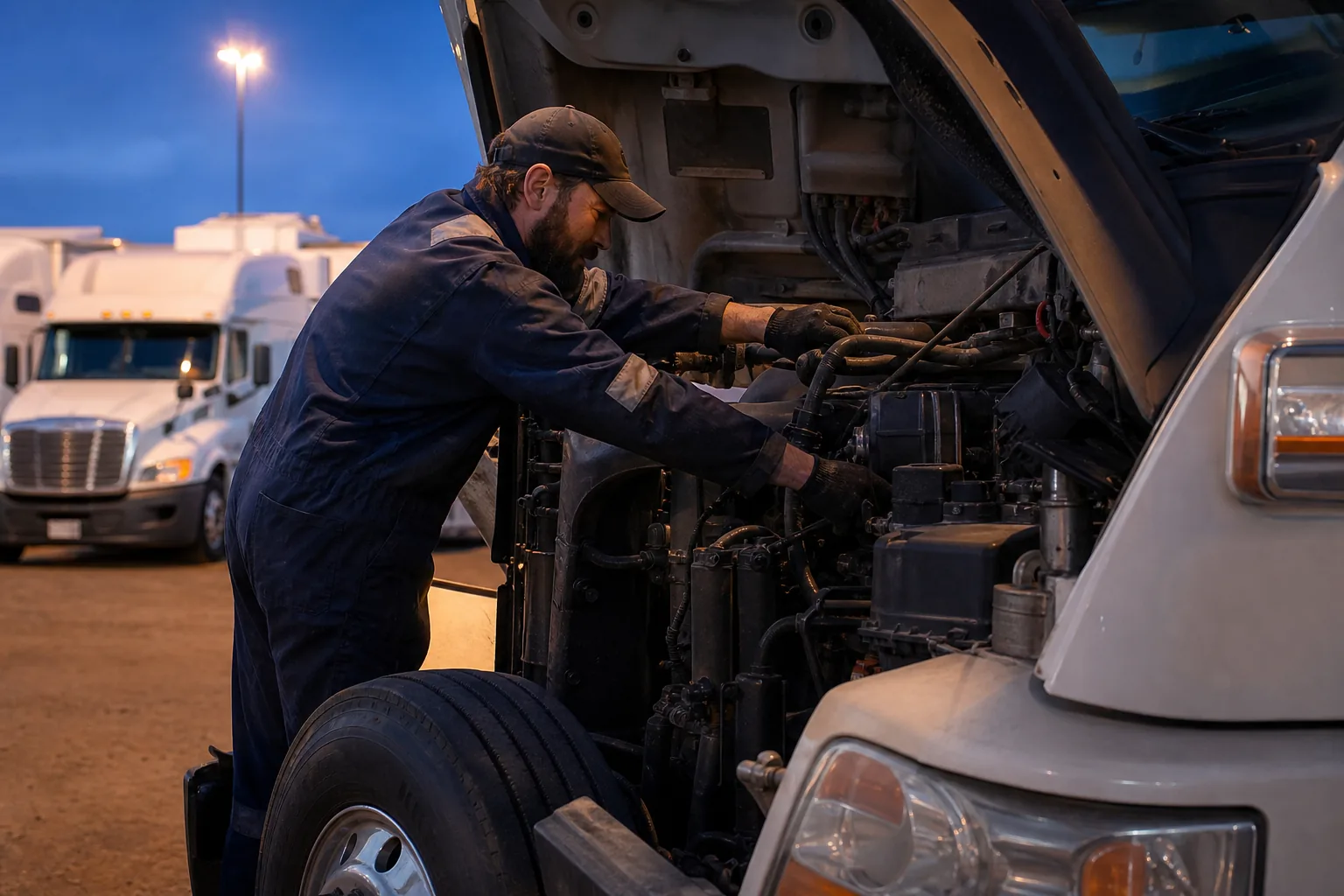 Technician working on a commercial truck