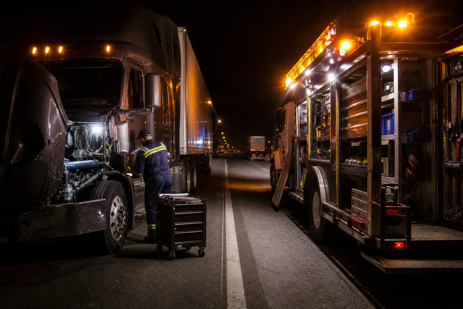 Nighttime mobile repair beside a semi