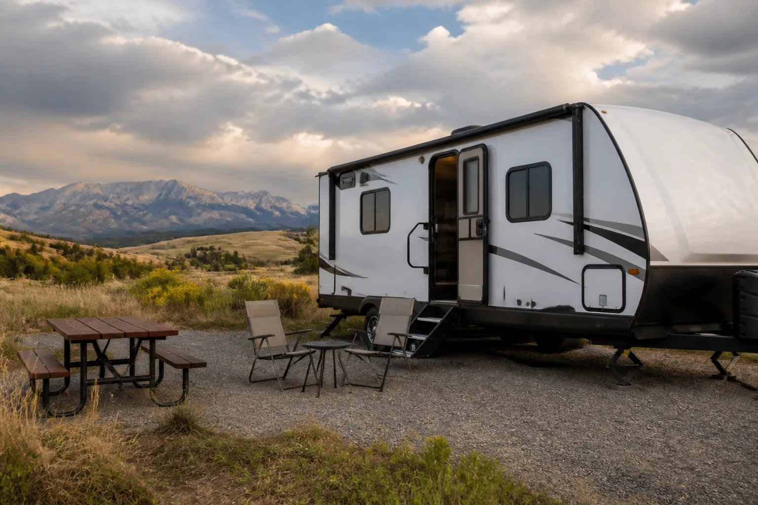 Travel trailer parked on the prairie